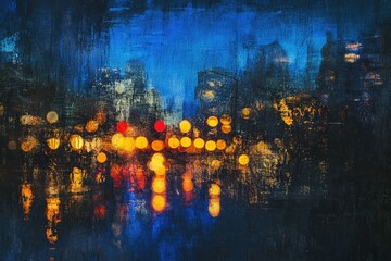 Impressionistic city nightscape viewed through rain-streaked glass, blurred city lights and dark buildings dominate the scene, conveying a moody atmosphere