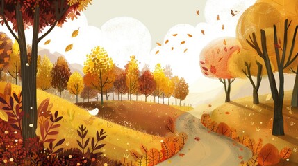 A serene autumn landscape featuring colorful trees and a winding path.