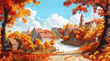 A vibrant autumn landscape featuring a quaint village by a river, surrounded by colorful foliage.