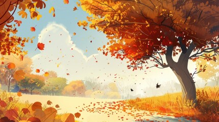 A serene autumn landscape with colorful trees and falling leaves.