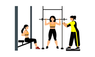 A vector illustration of female personal trainer training a woman in the gym2