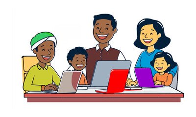 happy family vector laptop and living room