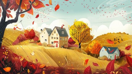 A colorful autumn landscape featuring houses, trees, and falling leaves.