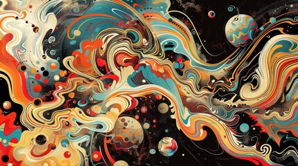 A vibrant, abstract cosmic scene with swirling colors and celestial bodies.
