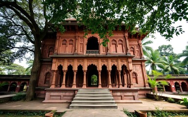 Fototapeta premium Historic Mughal-era architecture in Sonargaon, Bangladesh, featuring detailed terracotta designs amidst verdant surroundings. Captures cultural heritage without any text or signage.