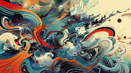 A vibrant abstract composition featuring swirling colors and cosmic elements.