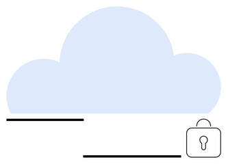 Blue cloud shape accompanied by lock symbol for security representation. Ideal for cloud technology, data storage, online safety, cybersecurity, server protection, user privacy, simple landing page
