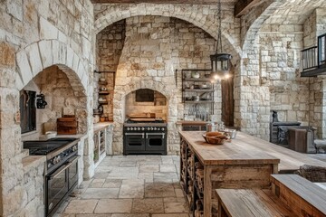 Rustic stone kitchen with arched alcoves, wood countertops,  black appliances, and open shelving.  Large island with wood storage
