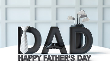 Creative Father's Day Typography with Golf Clubs and Tie on White Surface for Greeting Card