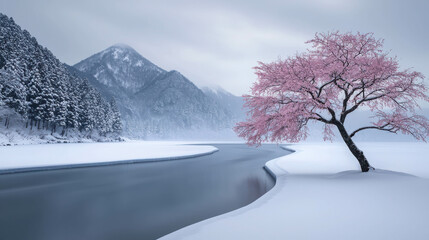 Fototapeta premium Tranquil Scene of a Pink Cherry Blossom Tree by a Serene Snowy River Surrounded by Majestic Mountains and Frosty Pine Trees in Winter Landscape
