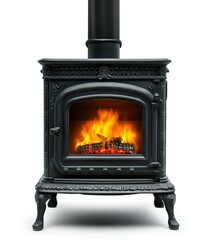 Ornate black cast iron wood-burning stove with a roaring fire, detailed carvings, and elegant legs, set against a white background