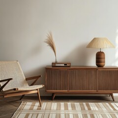 Mid-century modern living room corner featuring a light beige woven armchair, a low wooden cabinet with a slatted front, 