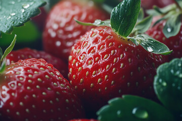 Close-up of fresh strawberries with water drops, focusing on the juicy red fruit texture and bright green leaves. Background of a pile or basket filled with ripe strawberries.