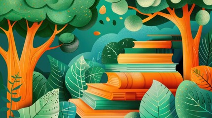 A vibrant illustration of stacked books surrounded by lush trees and foliage.