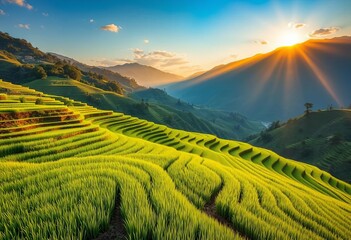 Obraz premium Golden hour light bathes vibrant green terraced rice paddies, mountain backdrop, outdoor, perspective