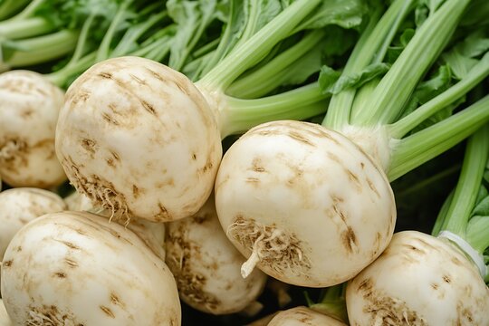 Fresh celeriac bulbs with green stalks displayed in a close-up view at a market stall