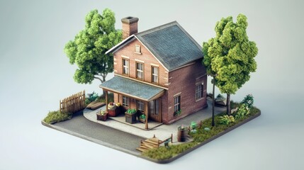 Quaint Brick House Miniature Model in Idyllic Setting
