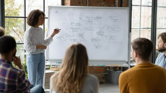 Woman Presenting Ideas on Whiteboard to Group of Diverse Individuals in Modern Office Space