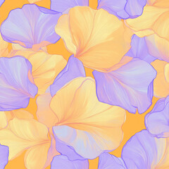 A vibrant seamless pattern featuring overlapping pastel yellow and lavender flower petals on a warm orange background. 