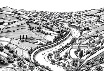 Obraz premium Intricate engraved lines depict rolling hills, farmhouses, and winding rivers, graphic, vintage