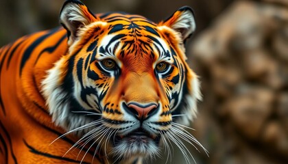 Obraz premium Intricate orange and black tiger stripes, blurred background, beauty, black