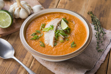Tomato Bisque Soup with Cream and Fish