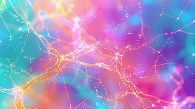 Elegant pastel-colored neural network lines forming abstract digital connections on a soft gradient background, symbolizing artificial intelligence, data flow, and futuristic brain technology.