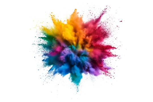 Vibrant rainbow color powder explosion isolated on transparent background