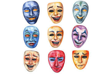 set of theatrical comedy and tragedy masks isolated on transparent background