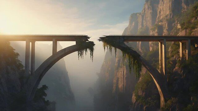 Collapsing concrete bridge in remote valley