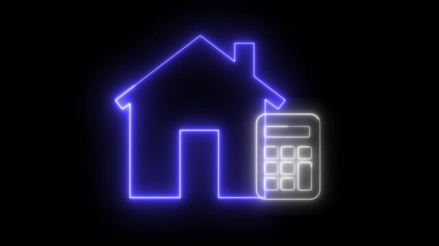 Neon animation of a house icon with a calculator