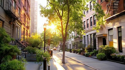 Fototapeta premium Sunny urban street lined with historic buildings and lush greenery. Sunlight streams through the trees, illuminating the pathway