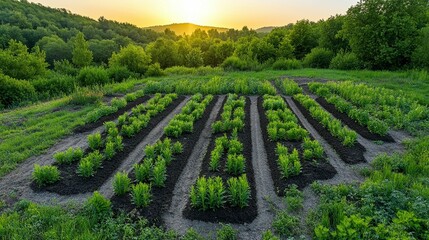 Sunrise over a meticulously organized garden bed.  Rows of young plants in a cultivated landscape