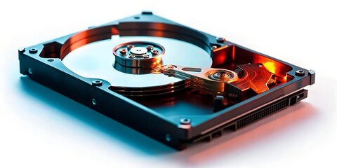 High-Resolution Image of a Computer Hard Disk Drive (HDD) with Internal Components Visible, Showcasing Technological Detail