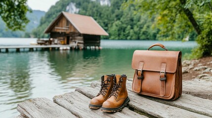 Tan leather boots and satchel on a wooden dock, idyllic lake scene