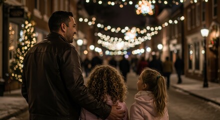 Photo Of Family Walking Under Festive Lights In Wintery City Street