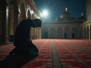 A solitary individual kneels in an empty mosque under dim lighting, deeply immersed in prayer for Ashura, reflecting devotion and peace.