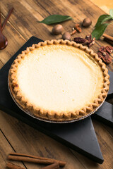 A freshly baked custard pie with eggs, milk, sugar, and vanilla.