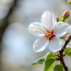 Beautiful White Flower in Bloom with Delicate Petals and Vibrant Yellow Stamen Surrounded by Lush Green Foliage Under Soft Natural Light