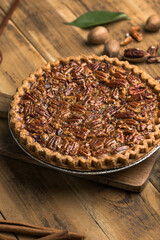 Fall traditional pies  pecan crumble pie overhead shot