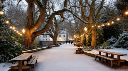 Snowy promenade illuminated by gentle lights