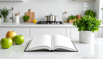 Blank open book on white kitchen table with green apples and potted plant, bright modern cooking space with utensils and stove in background, fresh and clean atmosphere