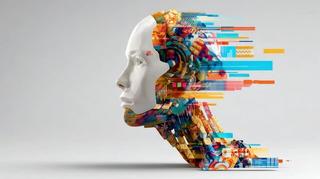 Abstract human head profile with colorful digital art patterns, representing creativity and technology interconnection