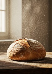 Photo Of Freshly Baked Bread With Flour Dust On A Wooden Table Near Window