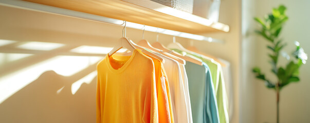 Brightly colored shirts hang neatly cozy laundry space, showcasing daily life and organization