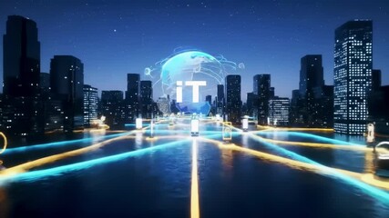 A futuristic cityscape showcasing global Internet of Things (IoT) integration with digital connections, wireless network, and smart infrastructure under a glowing globe. - Powered by Adobe