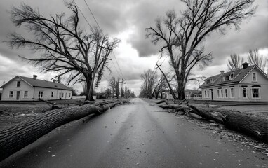Storms aftermath downed trees quiet street