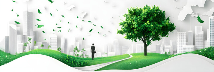 The person who knows. Tree, Achieve sustainable growth, World Environment Day. White eco urban city and nature landscape background paper art style.