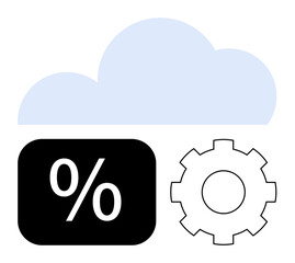 Cloud with a percentage box and a gear representing data analysis, optimization, and settings. Ideal for technology, storage management, automation, finance, cloud computing, efficiency and system