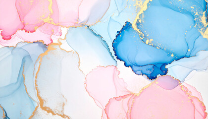 Pastel colored alcohol ink background with gold elements creates gentle and calming abstract design featuring soft pink, blue, and white hues blending smoothly in fluid shapes